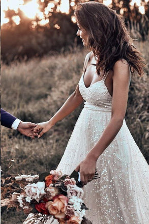 Backless Straps Long A-line Lace Simple Bridal Gown Wedding Dresses DMM79