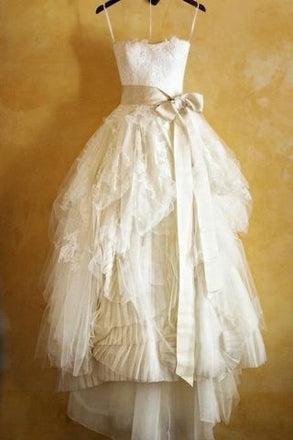 Princess Spaghetti Straps Ruffles Ivory Ball Gown Tulle Wedding Dress With Sash DM771