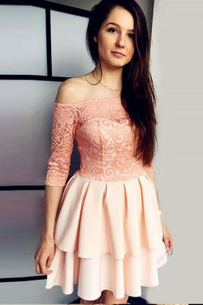 Off the Shoulder 3/4 Sleeves A Line Short Homecoming Dress with Lace DME4