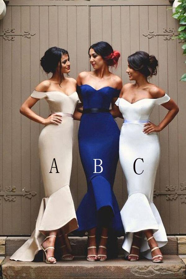 Elegant Mermaid Satin Off-the-Shoulder Sweetheart High Low Bridesmaid Dresses DMD62