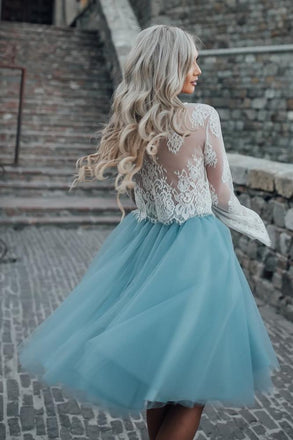 Princess Two Piece Long Sleeves White Lace A Line Tulle Homecoming Dress DMD32