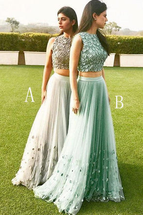 Elegant A-line Tulle Two Pieces Long Prom Dress,Cheap Formal Dress DM876