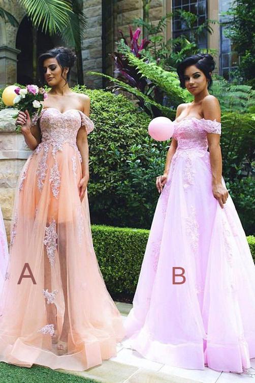A-Line Off-the Shoulder Sleeveless Tulle Bridesmaid Dress with Appliques DM764
