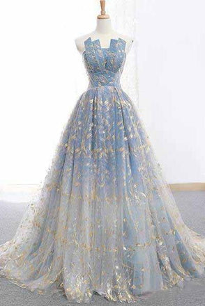 Blue and Gold Lace Ball Gown Prom Dresses, Sweet 16 Princess Quinceanera Dress DMH63