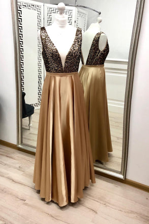 Charming A Line V Neck Gold Prom Dresses, Beaded Long Prom Dress DMK21
