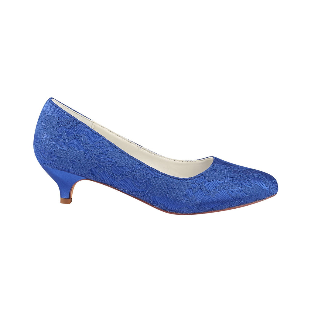 Royal Blue Lace Wedding Shoes, Elegant Low Heels Evening Shoes L-921