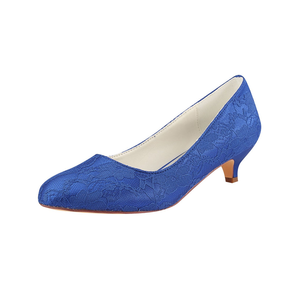 Royal Blue Lace Wedding Shoes, Elegant Low Heels Evening Shoes L-921