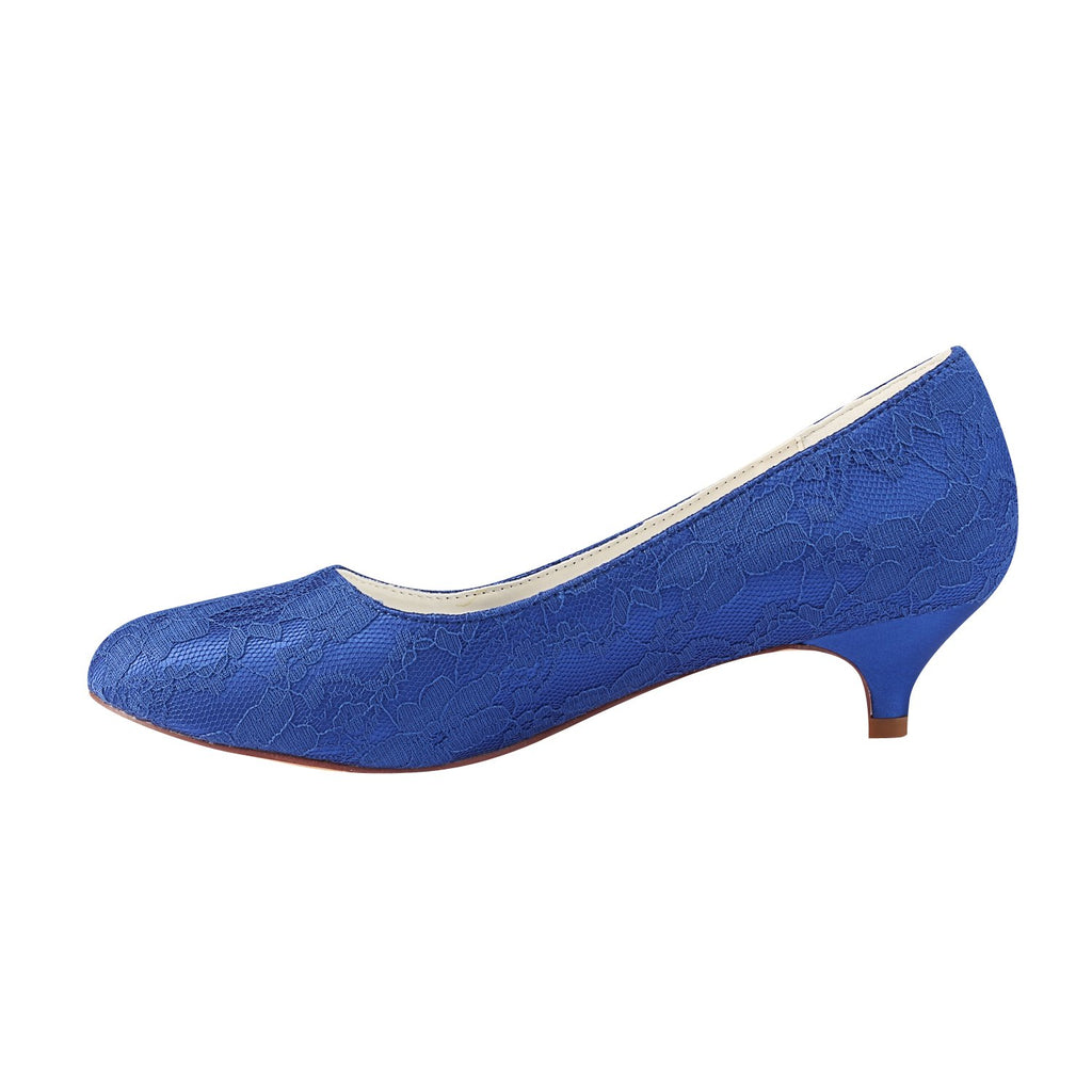 Royal Blue Lace Wedding Shoes, Elegant Low Heels Evening Shoes L-921