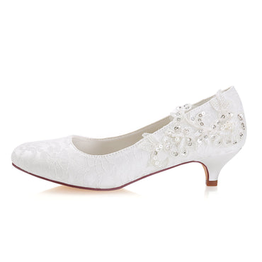 Fashion Ivory Low Heels Rhinestone Wedding Shoes with Lace Appliques L-923