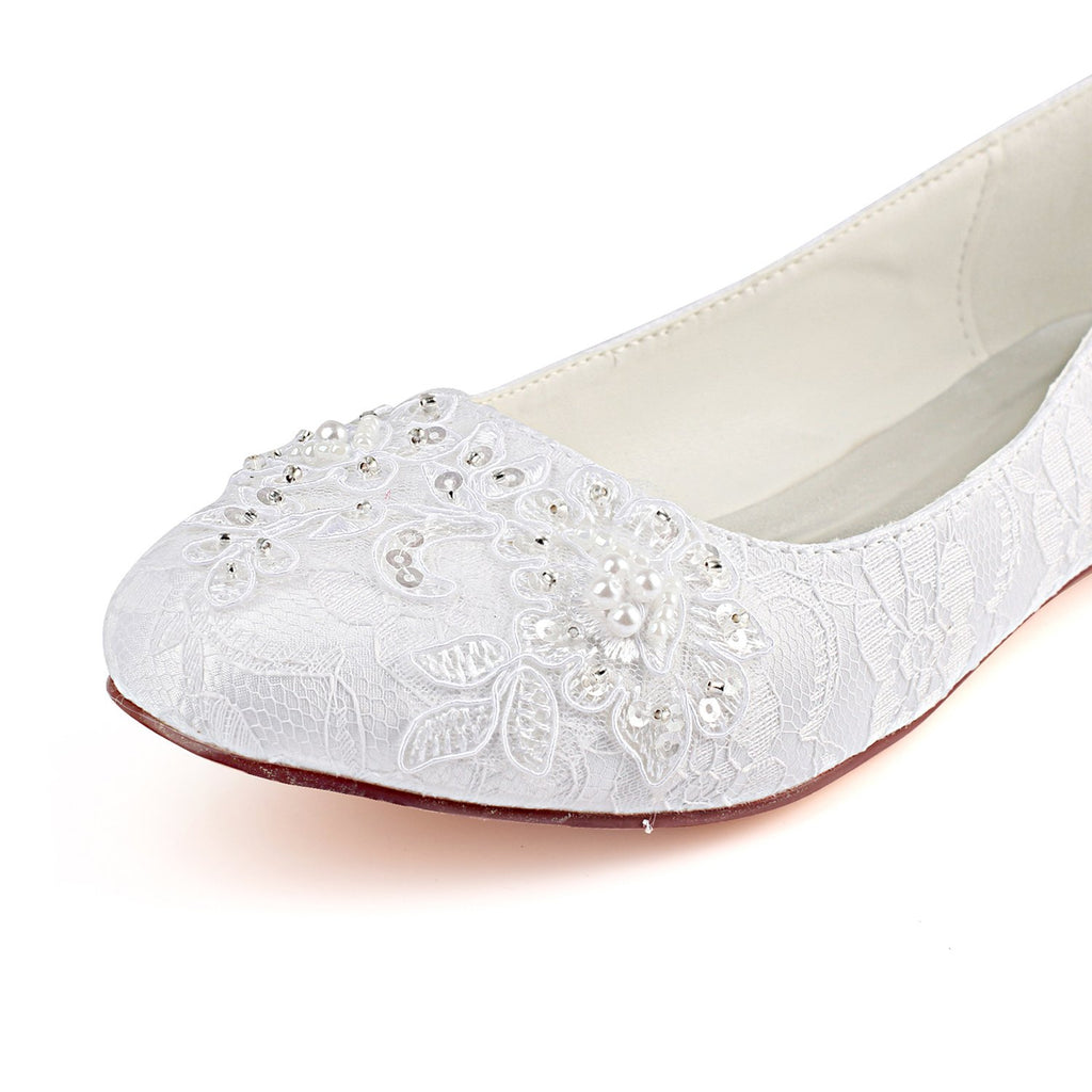 Ivory Flat Lace Wedding Shoes, Fashion Beading Bridal Shoes L-929