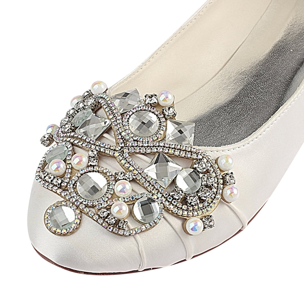 Ivory Flat Beading Wedding Shoes, Satin Wedding Party Shoes For Women L-930