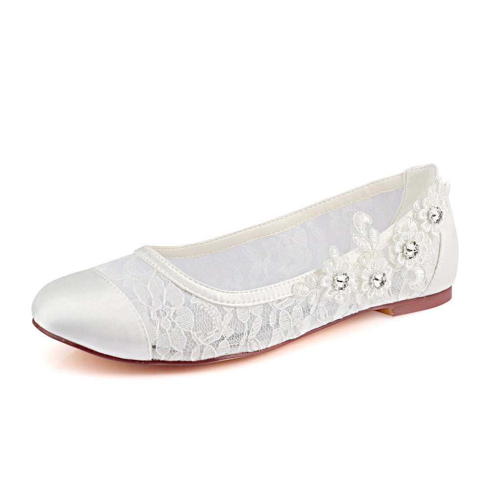 Ivory Flat Lace Wedding Shoes with Crystal, Fashion Woman Party Shoes L-931