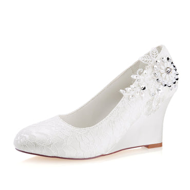 Ivory Wedge Lace Wedding Shoes with Beads, Charming Woman Shoes L-932