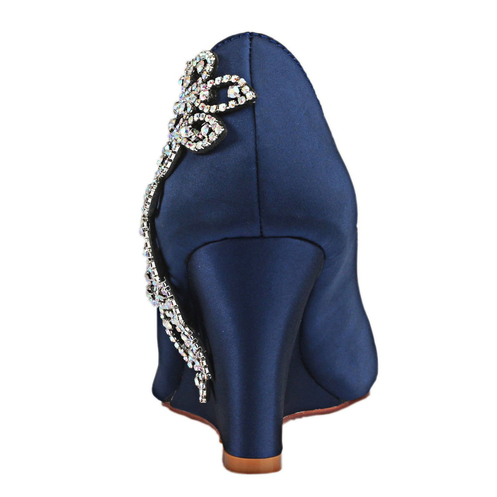 Dark Blue Wedge Wedding Shoes with Rhinestone,Elegant Wedding Party Shoes, L-933