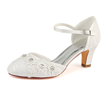 Ivory Ankle Straps Wedding Shoes with Rhinestone, Lace Wedding Party Shoes L-938