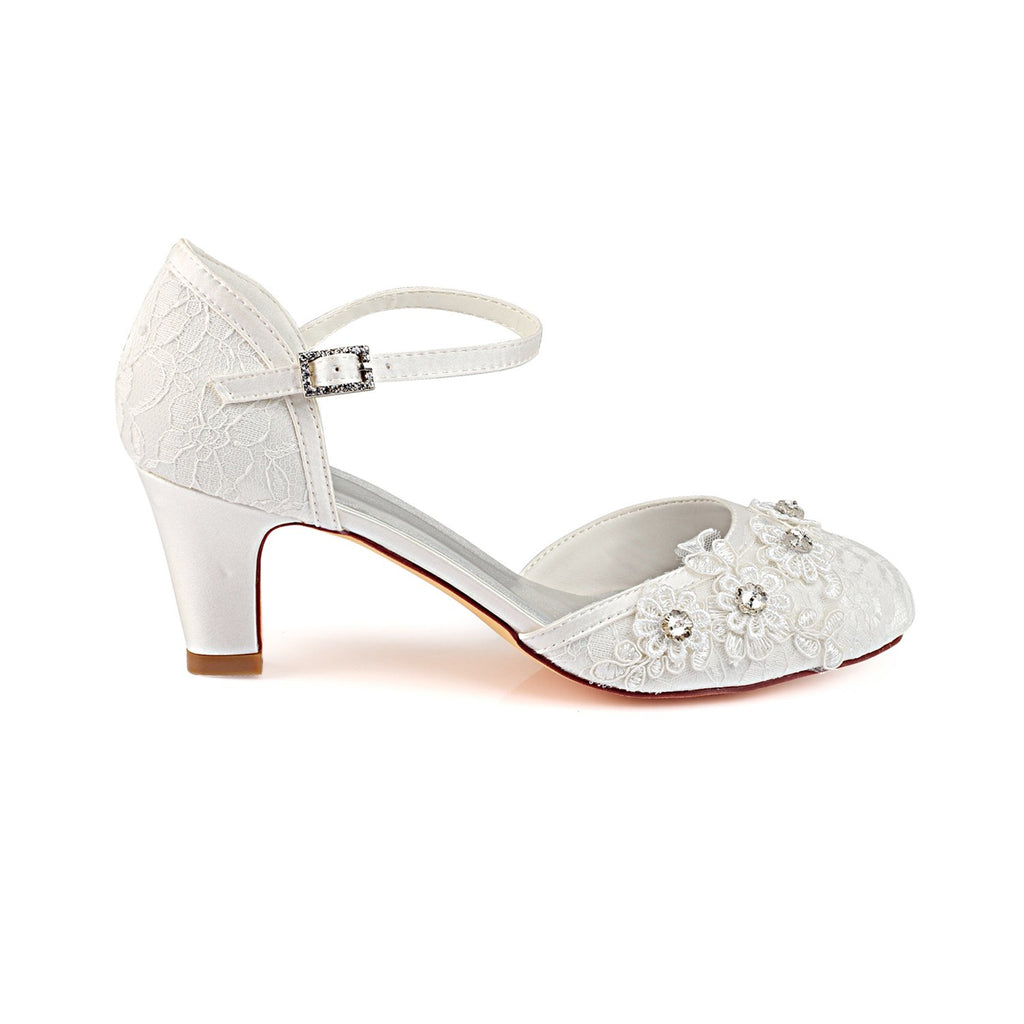 Ivory Ankle Straps Wedding Shoes with Rhinestone, Lace Wedding Party Shoes L-938