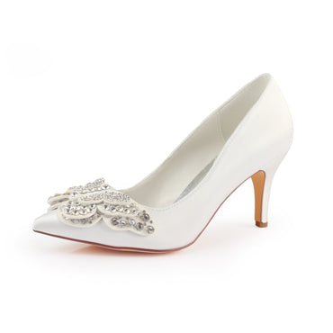 Ivory High Heels Wedding Shoes with Rhinestone, Cheap Satin Wedding Party Shoes L-940