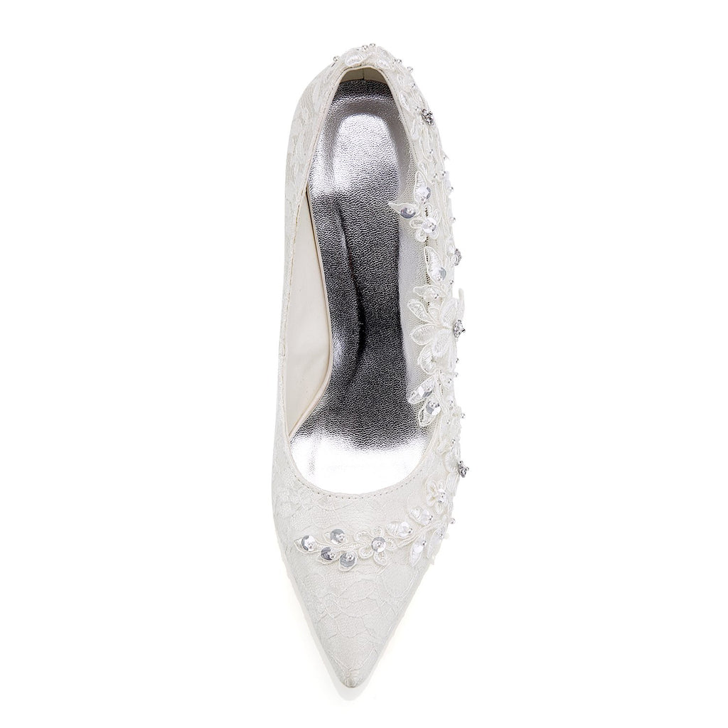 Ivory Ankle Lace Wedding Shoes, Lace Appliques Wedding Party Shoes L-941