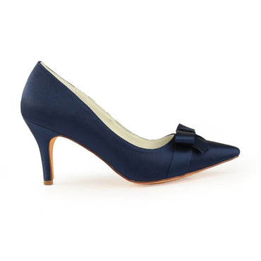 Dark Blue High Heels Wedding Shoes with Bowknot, Fashion Satin Formal Party Shoes L-942