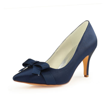 Dark Blue High Heels Wedding Shoes with Bowknot, Fashion Satin Formal Party Shoes L-942