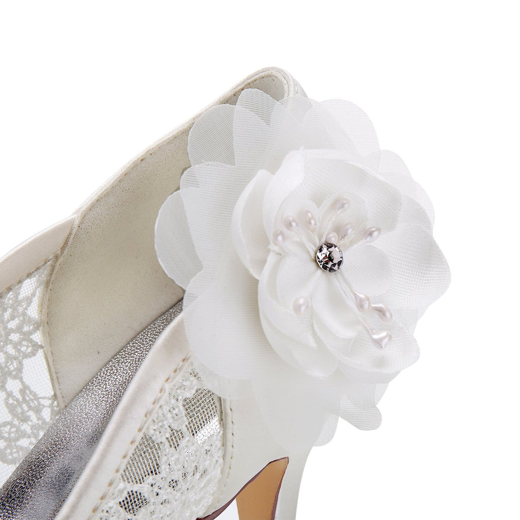 Princess Ivory Lace Wedding Shoes with Flowers, Pretty Woman Shoes L-943