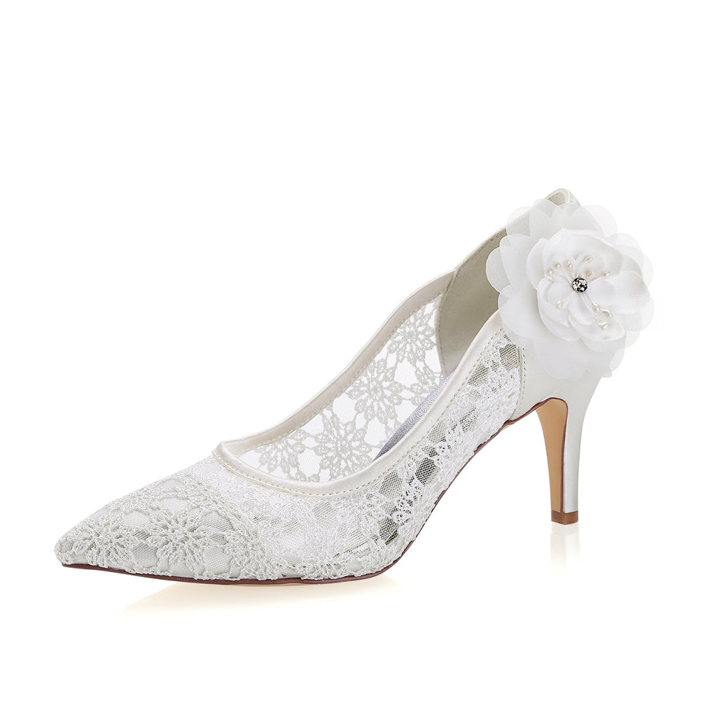 Princess Ivory Lace Wedding Shoes with Flowers, Pretty Woman Shoes L-943