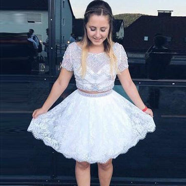 Stylish Two Piece A-Line Prom Dress,Bateau Short Sleeves Lace Homecoming Dress With Beading DM471