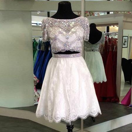 Stylish Two Piece A-Line Prom Dress,Bateau Short Sleeves Lace Homecoming Dress With Beading DM471