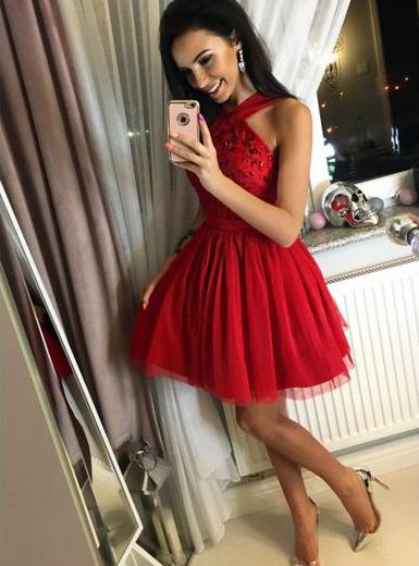 Cute A-Line Straps Red Homecoming Dresses,Sleeveless Short Prom Dress With Sequins DM472