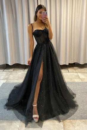 Black Bling Bling A Line Spaghetti Straps Prom Dress With Slit Long Evening Dress DMP169