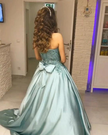 Princess Blue Beaded Sweetheart Strapless Ball Gown Long Prom Dresses DM994