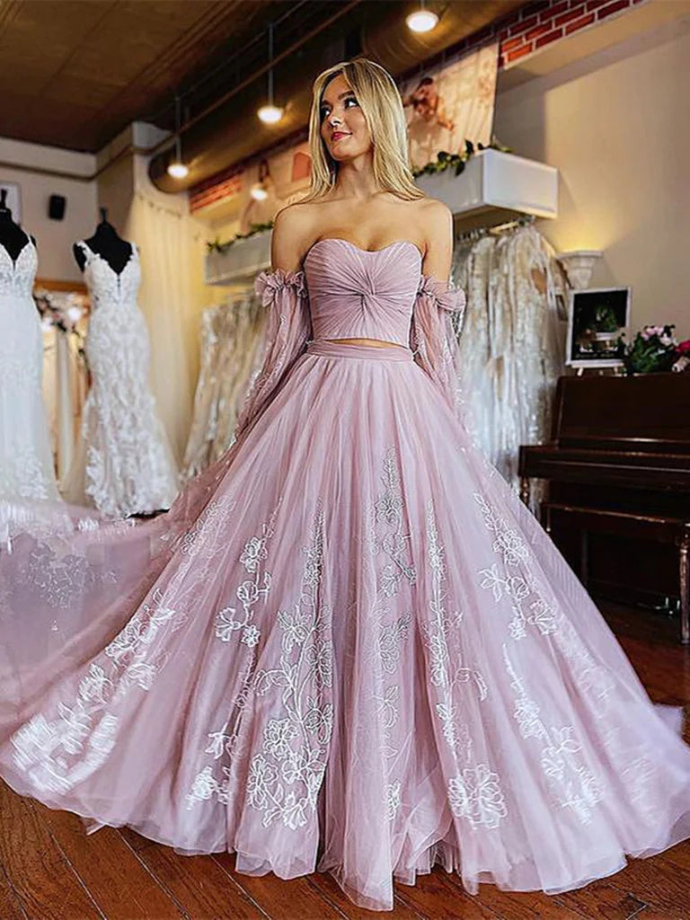 aesthetic formal dresses Aesthetic Ball Gown Off The Shoulder Pink Tulle Party Dress Long Prom Dress Evening Dresses SD1768