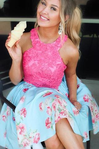 Light Blue Short Homecoming Dress with Lace Top, Graduation Dresses DMM35