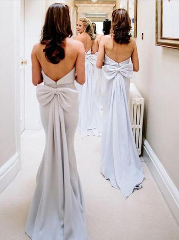 Simple Strapless Grey Satin Cheap Long Bridesmaid Dresses DMI44