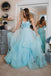 Light Blue Backless Prom Gown Spaghetti-straps Tulle Tiered Dance Dress DMP262