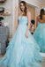 Light Blue Backless Prom Gown Spaghetti-straps Tulle Tiered Dance Dress DMP262