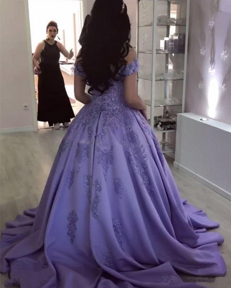 Lavender Ball Gown Off the Shoulder Lace Appliques Prom Dresses DMJ66