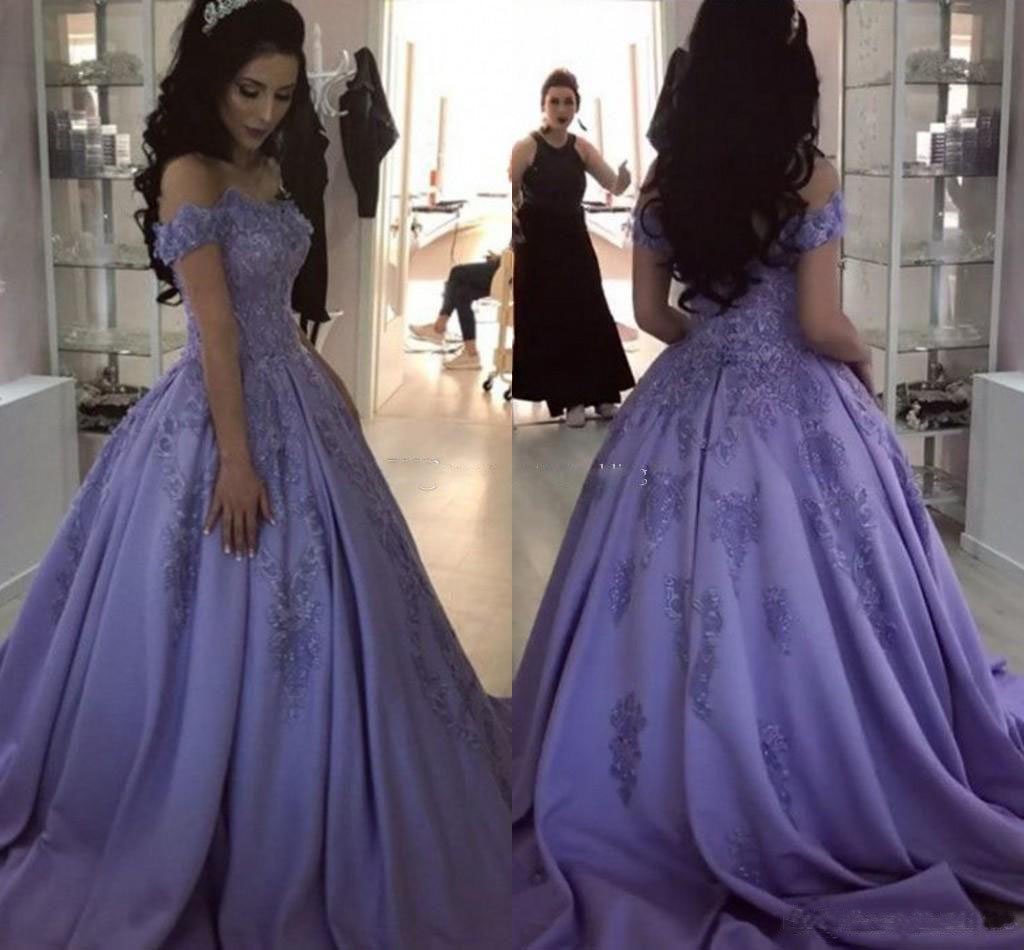 Lavender Ball Gown Off the Shoulder Lace Appliques Prom Dresses DMJ66