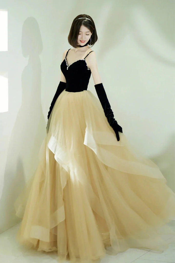 Black A Line Tulle Long Prom Dresses, Spaghetti Straps Evening Party Dresses DM1921