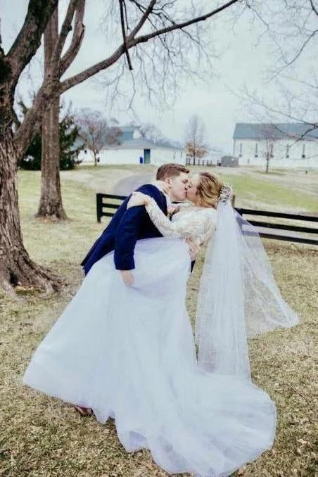 Long Sleeve Lace Sheer Neckline Boho Wedding Dresses Appliques Tulle Bridal Gown DMN92