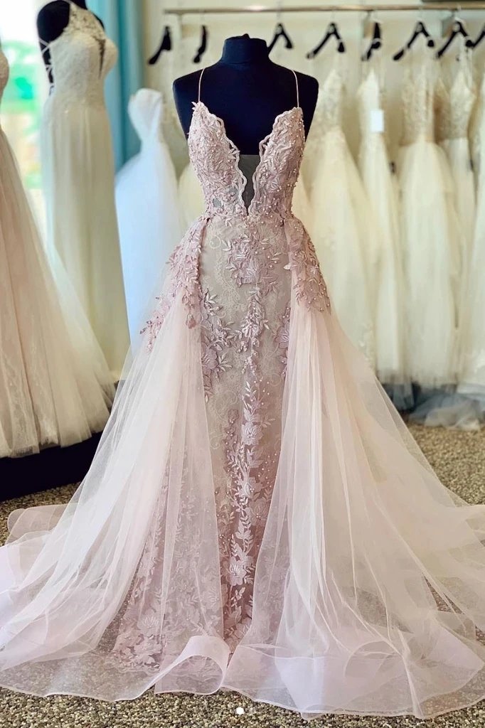 Light Pink Spaghetti Straps Deep V Neck Tulle Prom Dress With Lace Appliques DM1006