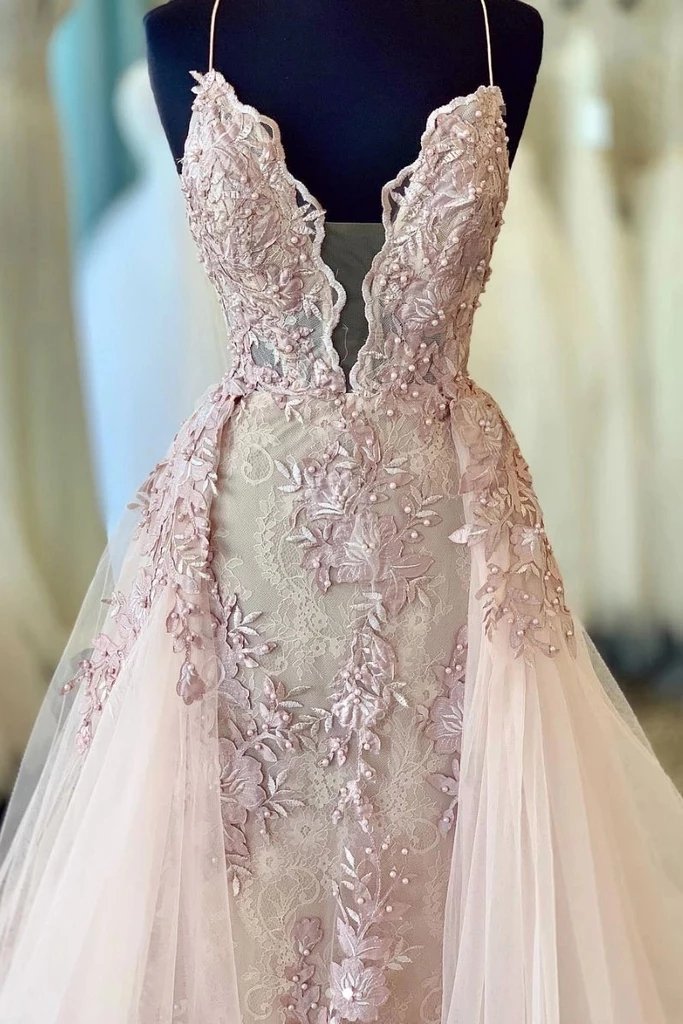 Light Pink Spaghetti Straps Deep V Neck Tulle Prom Dress With Lace Appliques DM1006