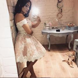 Cute A-line Off-the-shoulder Pink Short Prom Dress with Lace Appliques,Homecoming Dress DM328