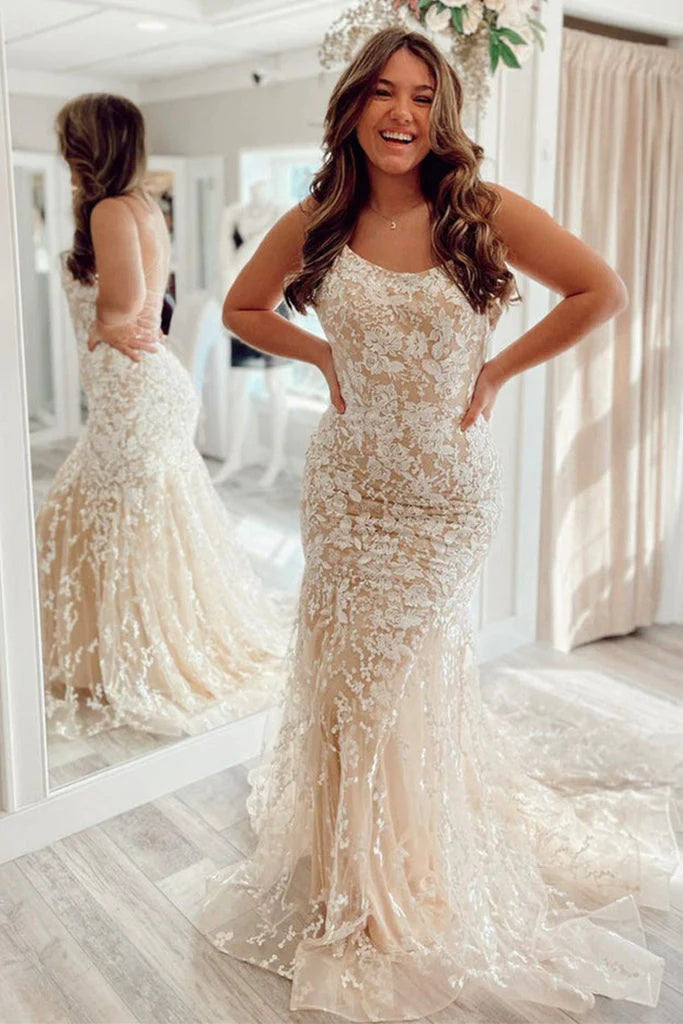 Mermaid Backless Lace Long Prom Dress Formal Evening Dresses DM1999