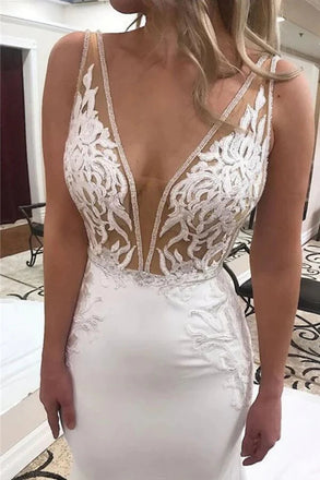 Elegant Mermaid Deep V-neck Wedding Dresses With Lace Appliques, Bridal Gown DM1813