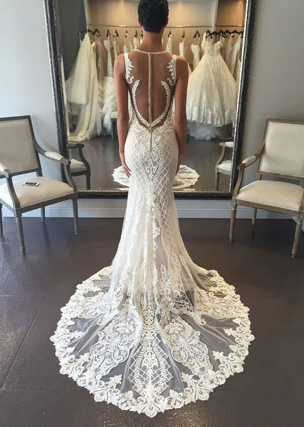 Mermaid V-neck Lace Wedding Dresses With Court Train, Bridal Gown DM1886