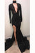 Cheap Black Deep V-neck Long Sleeve Prom Dresses Split Sexy Evening Gown DMI36