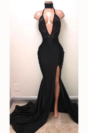 Sexy Black Straps Deep V-neck Mermaid Split Sleeveless Evening Dress DMI37