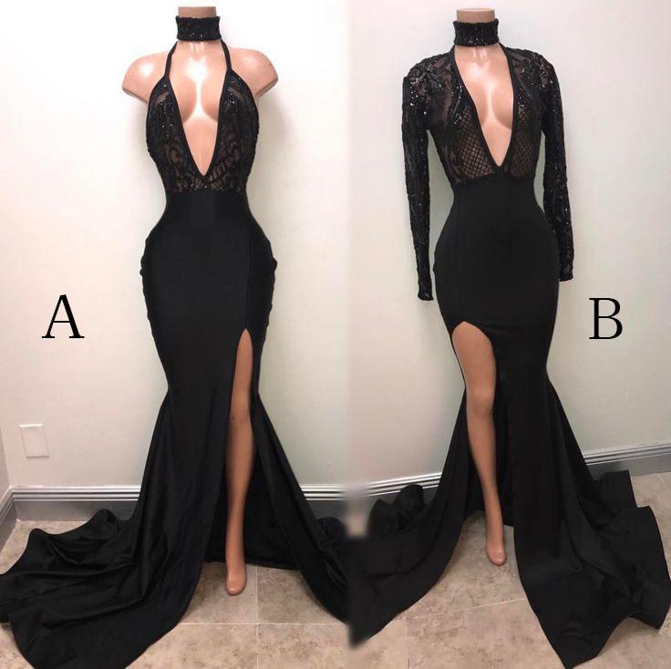 Sexy Black Straps Deep V-neck Mermaid Split Sleeveless Evening Dress DMI37
