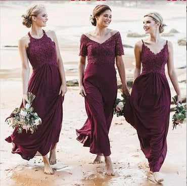 Mismatched A-Line Long Burgundy Cheap Chiffon Bridesmaid Dress with Lace DMG63
